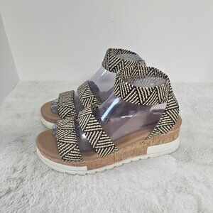 Cushionaire Tan Black Ankle Strap Tribal Platform Cork Sandals 8.5